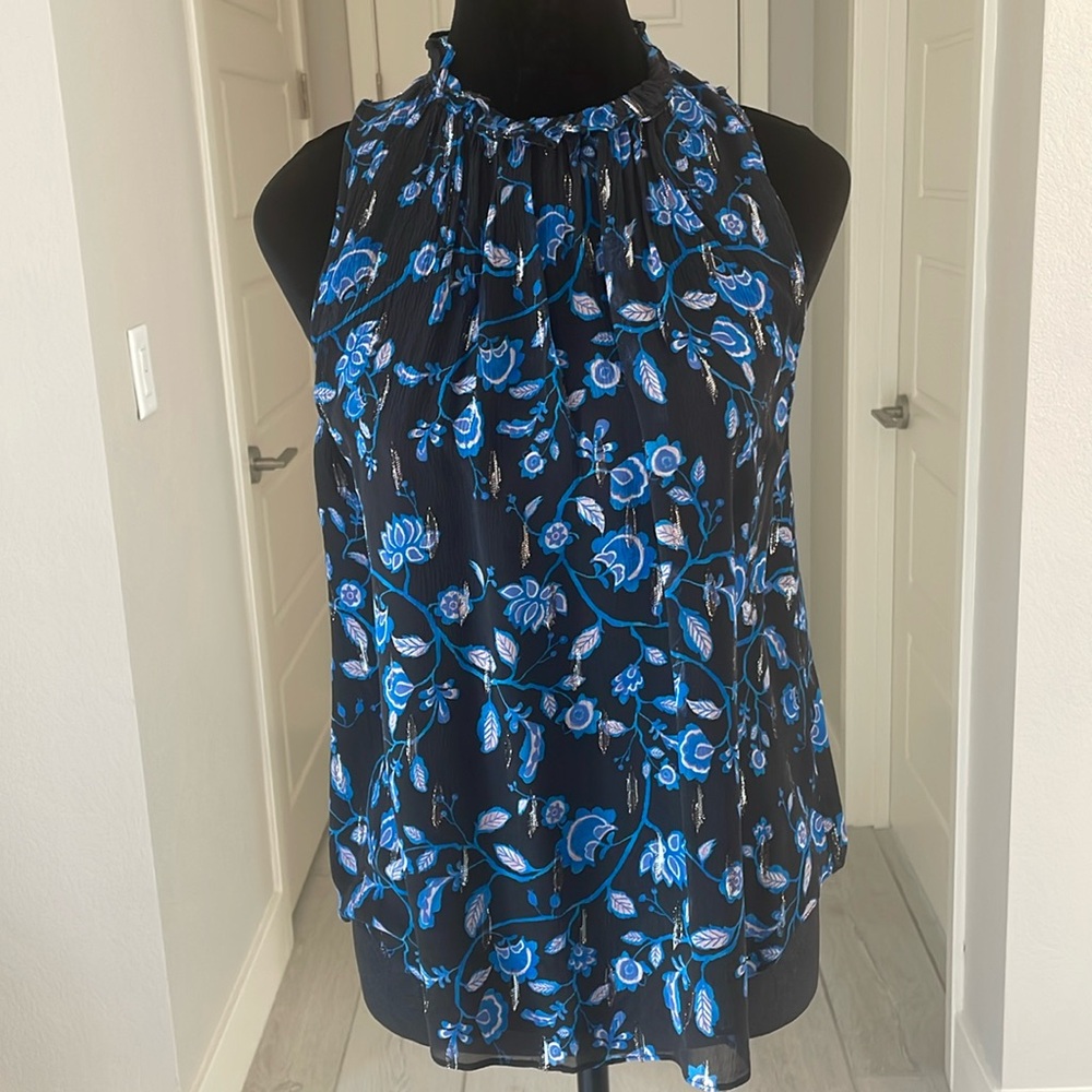 Rebecca Taylor Sleeveless Metallic Print Silk Top in Blue & Black Size 0